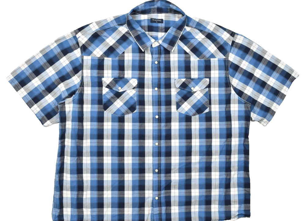 Double Pump Shirt Men 3XL Blue Plaid Western Pearl Snap Short Sleeve 100% Cotton